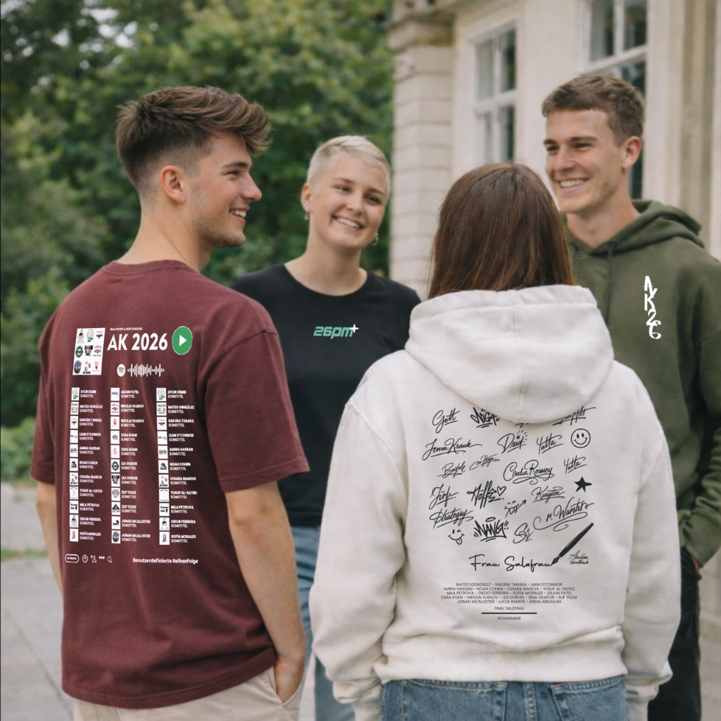 Gruppe trägt Custom Hoodies & T-Shirts